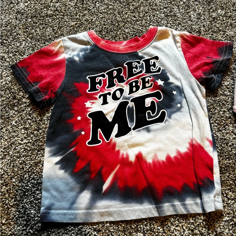 Bundle of 2T girl clothes. Tie-Dye T-Shirt, Pink Cardigan, and Yellow shirt - Picture 2 of 6